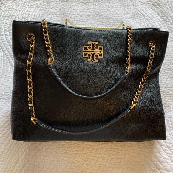 TORY BURCH Britten Pebbled Leather Slouchy Tote Handbag. Black - Picture 13 of 14